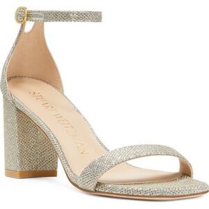 STUART WEITZMAN Nudistcurve 75 Block Heel Sandal Size 9 Platino‎ Silver Glitter